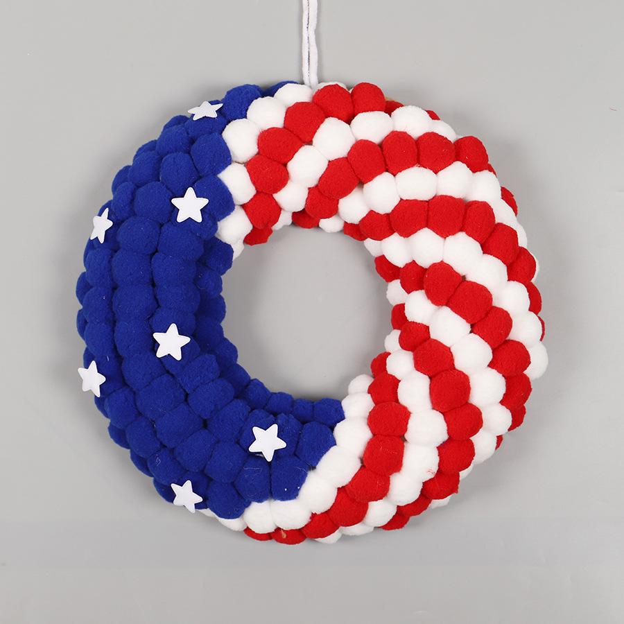 Hong Yu Patriotic Pom-Pom Wreath: Red, White & Blue Independence Day Door Decor