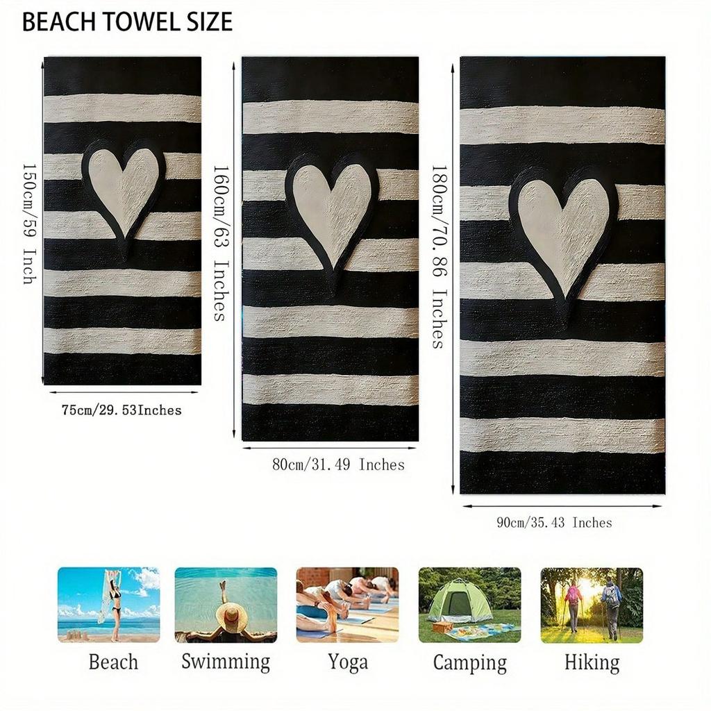 Telo Mare a Strisce Bianche e Nere a Forma di Cuore, Extra Large, Poliestere, Morbido, Assorbente, Asciugatura Rapida, Leggero, Spiaggia Piscina Viaggio Unisex
