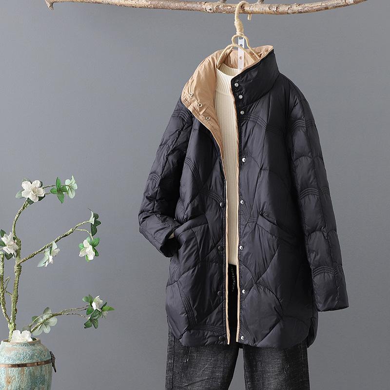 Retro literature and art medium and long stand-up collar down jacket women's winter loose and thin embossed white duck down casual jacket