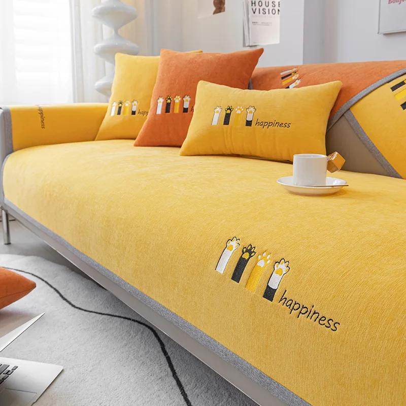 Luksusowy haftowany pokrowiec na sofę kocie pazury antypoślizgowy ręcznik na sofę ochrona pokrowiec na poduszkę sofy ręcznik salon uniwersalny szary brzeg