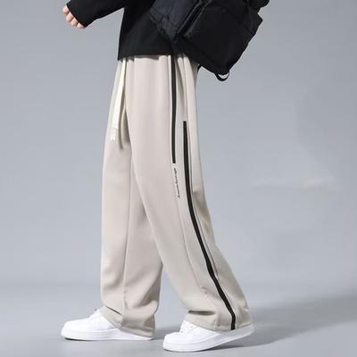 Men Sweatpants Wide Leg Loose Drawstring Elastic Waist Straight Solid Color Soft Breathable Deep Crotch Full Length Sports Jogging Long Pants
