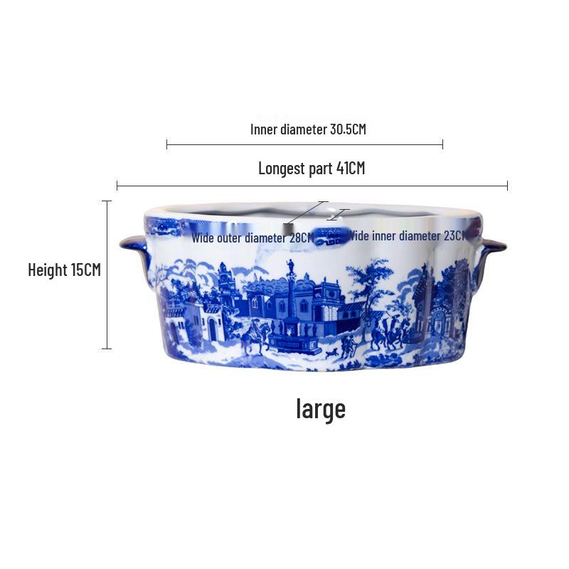 Blau-Weißes Porzellan Landschaft Keramik Blumentopf mit Retro Figuren & Gebäuden, Britischer Stil, Großes Kaliber für Wohnzimmer oder Balkon.