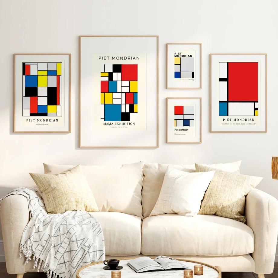 Piet Mondrian Exhibition Poster Modern Abstract Geometric Wall  Prints Canvas  Nordic Pictures For Living Room Decor