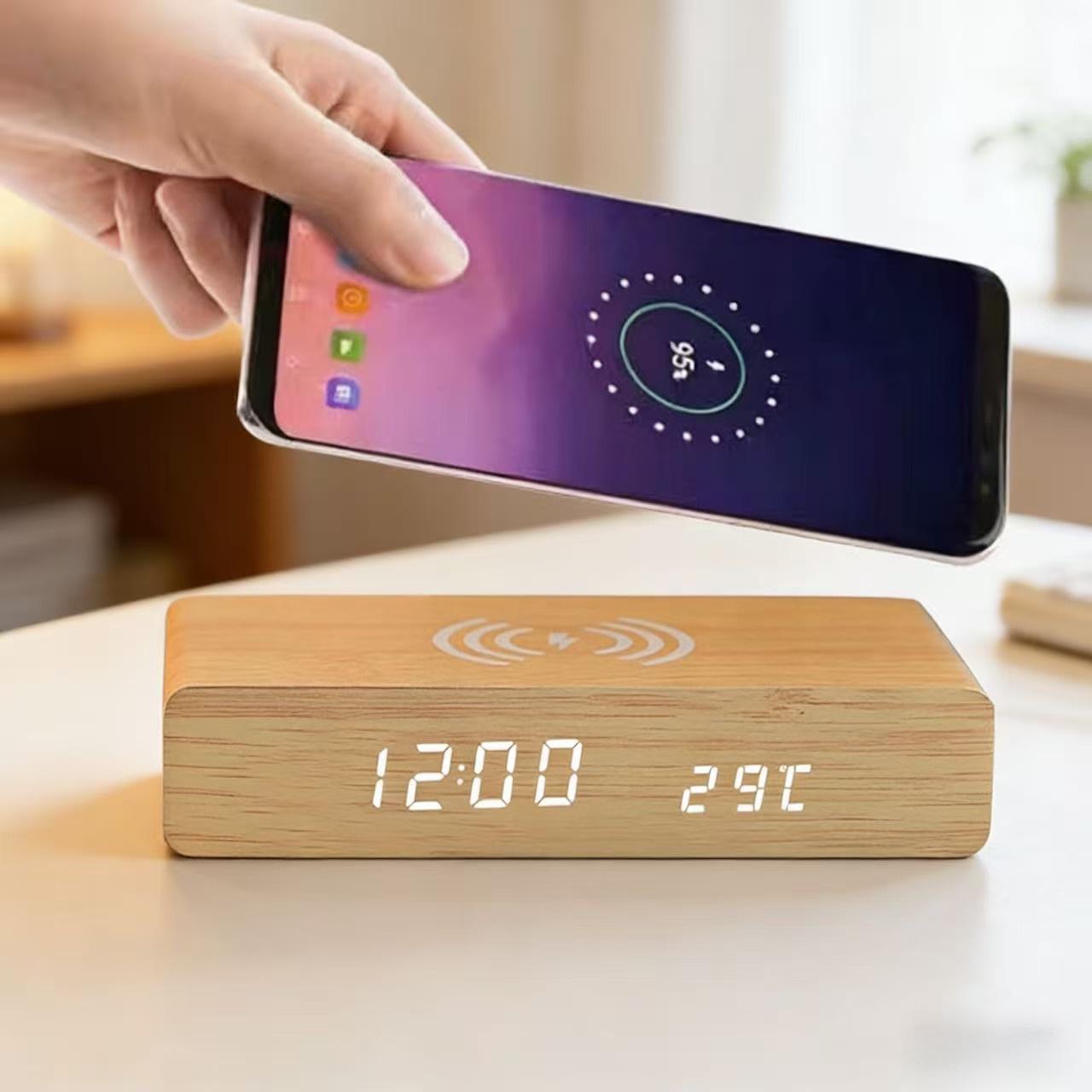 Креативные светодиодные будильники с беспроводной зарядкой 15 Вт, отображением температуры и влажности, бесшумные перезаряжаемые прикроватные часы