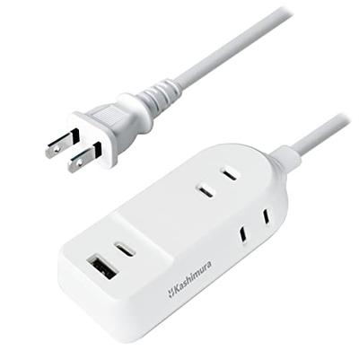 Kashimura NAC-043 Power Strip, 100-240V Input, USB-C/USB-A, 2.4A Total, 3 AC Outlets, 2m Cord, for Domestic and International Use