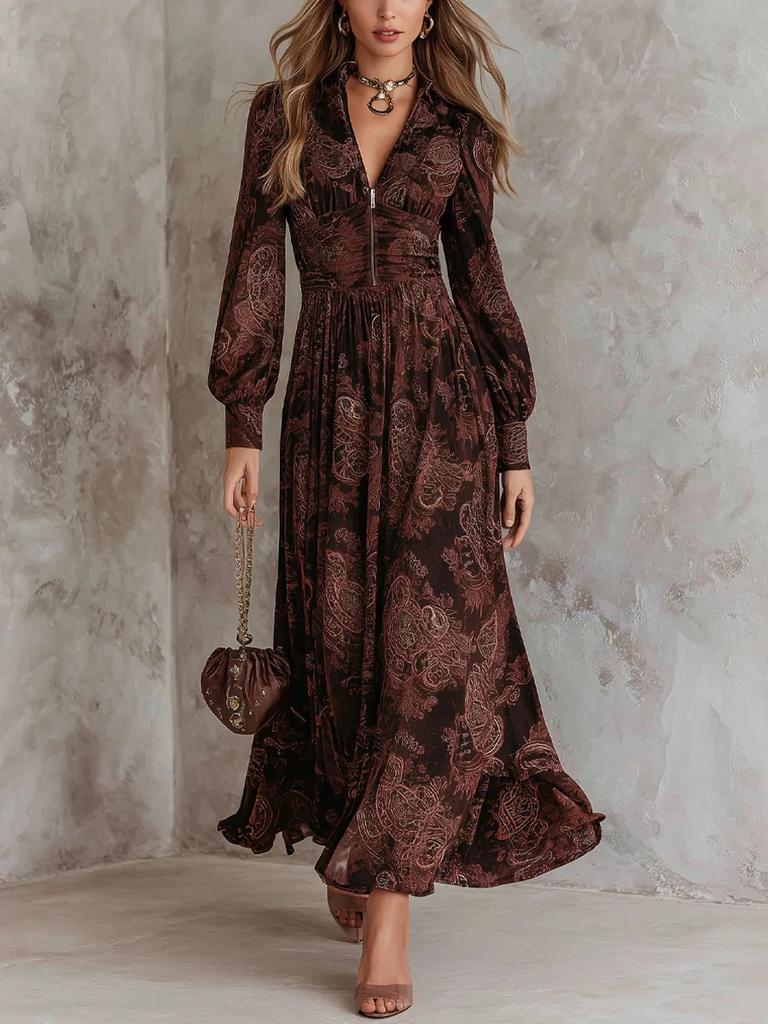 Abito Lungo da Donna Autunno e Inverno Vita Stampa Digitale Pieghettato Scollo a V Zip