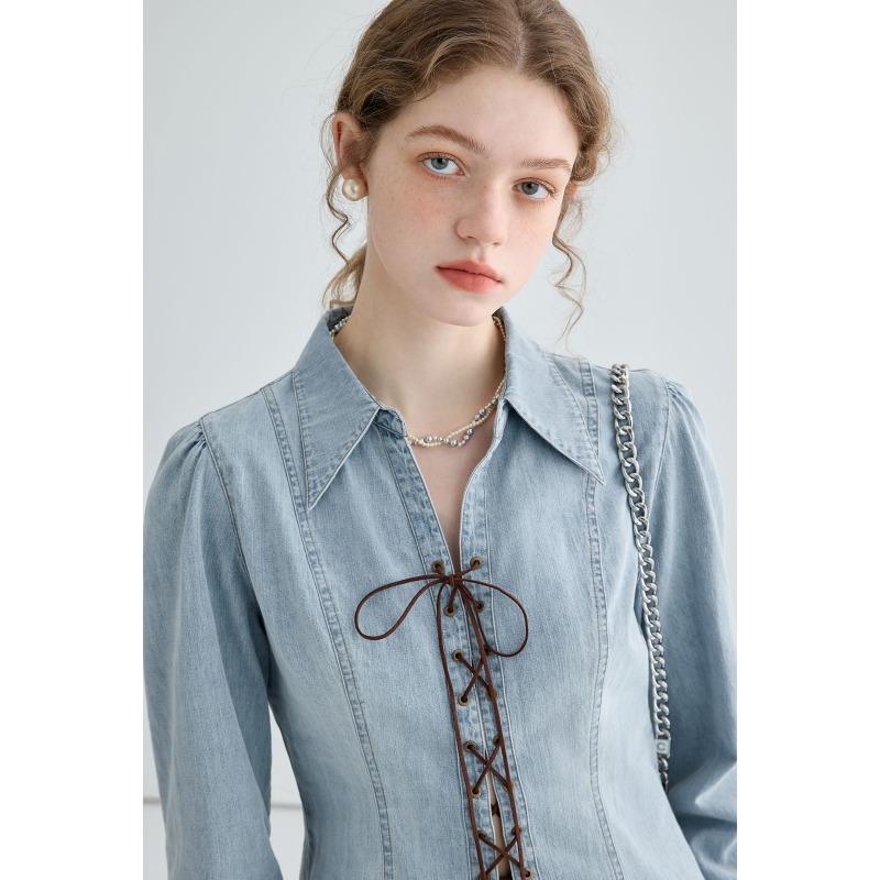 Women's Spring New Design Tie Long Sleeve Split Waisted Denim Shirt Top