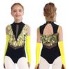 Kids Dance Leotard with Gloves Mock Neck Cutout Back Sparkling Sequins Color Block Performance Outfit