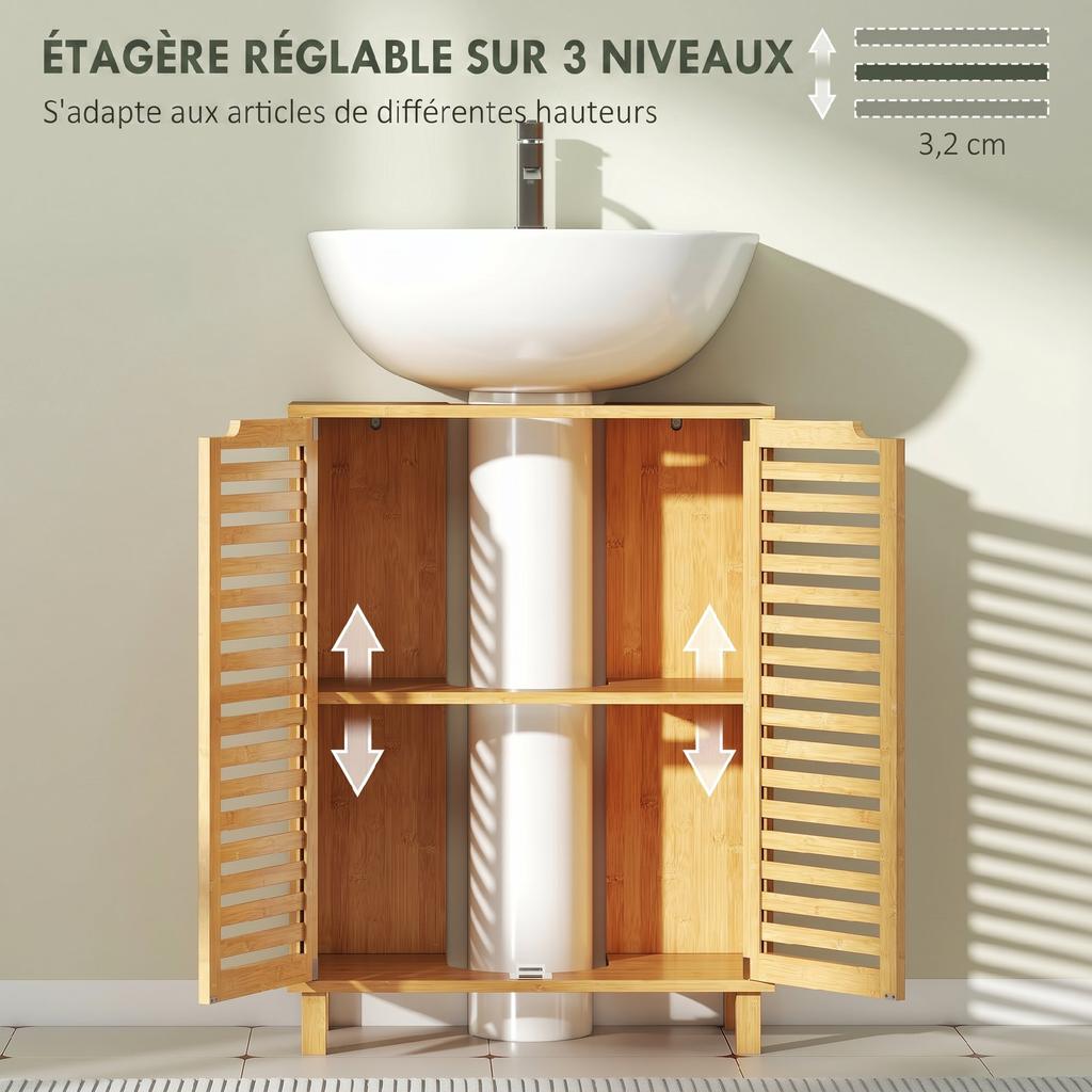 Bamboo Vanity Unit, Bathroom Cabinet, 2 Louvered Doors, Adjustable Shelf, Natural Wood