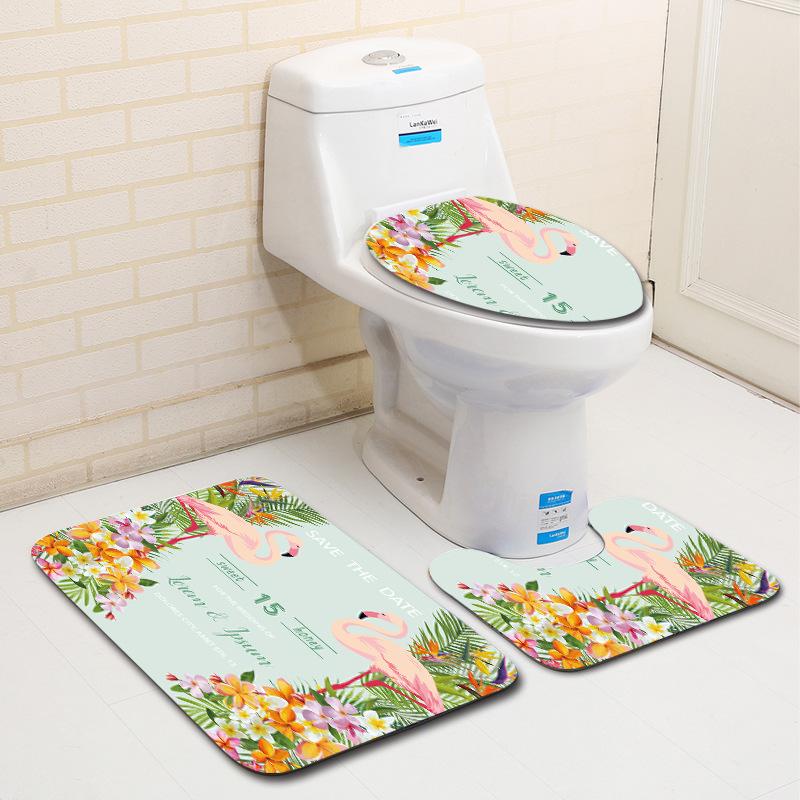 European And American Style Pink Cute Animal Flamingo Floor Mat Carpet Girl Heart Hand-Painted Illustration Toilet Three-Piece Set
