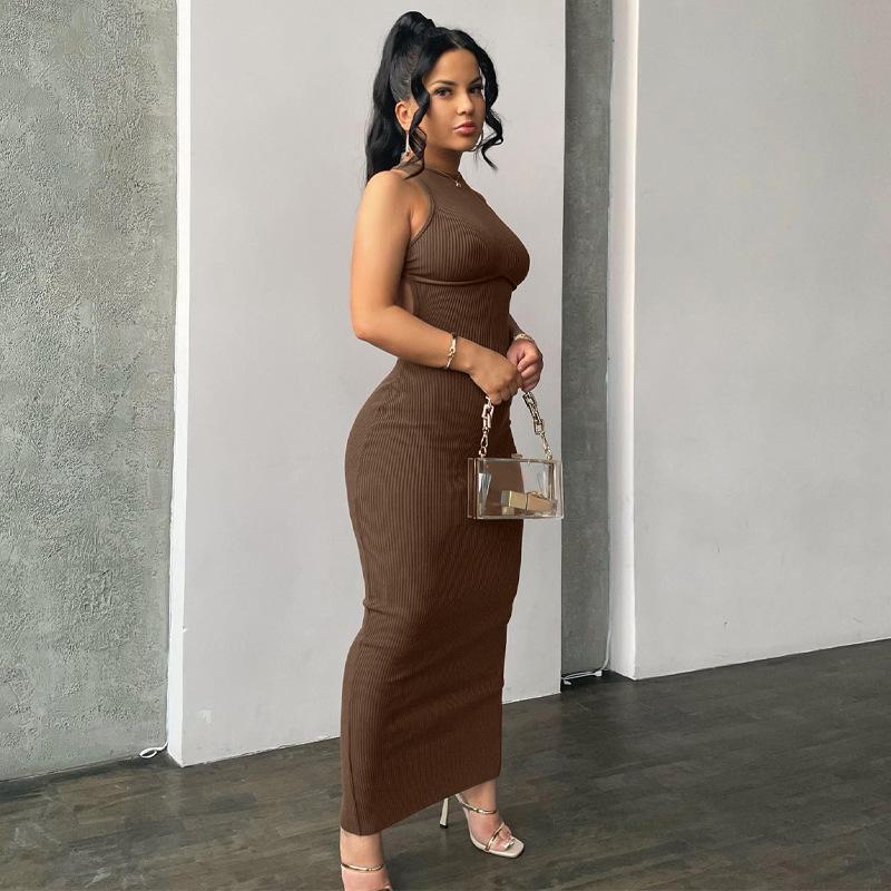 Women European Sexy Backless Halter Neck Sleeveless Slim Fit Long Bodycon Dress