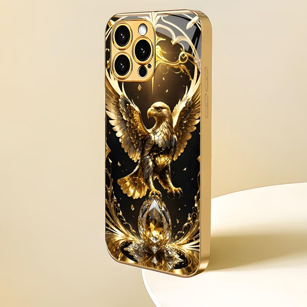 Golden Eagle Plated Glass Phone Case Suitable for iPhone 17 16 15 14 13 12 11 Pro/Max/Plus Anti Shock and Anti Drop Back Cover