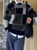 [CHANGE WELL] Men's 2025AW Fashionable Oversized Autumn/Winter Vintage-Style Patchwork Design Loose Silhouette Long-Sleeve Knit Sweater (NAVY, M)