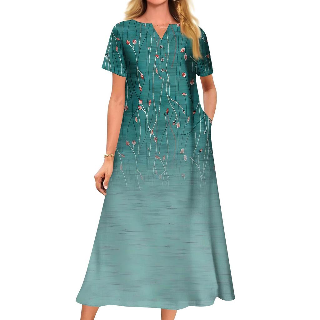 Women's Summer Casual Printed V-Neck Short-Sleeve Swing Dress