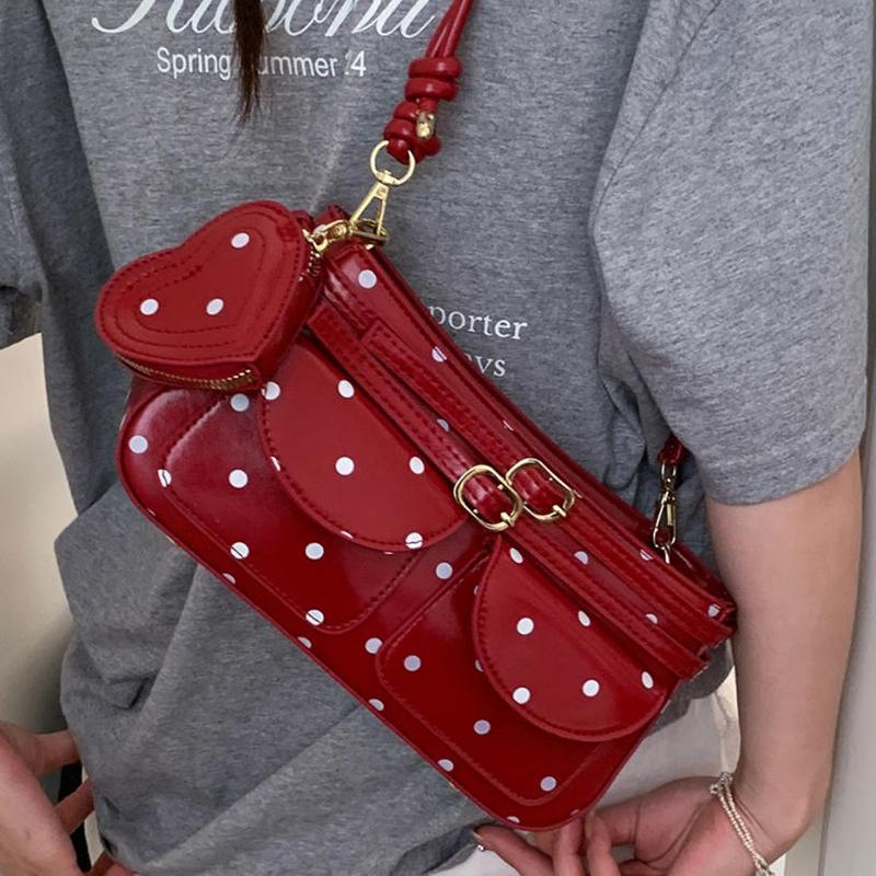 

Korean Polka Dot Leather Handbag Women Heart Purse Charm Decor Shoulder Bag Fashion Belt Buckle Design Multi Pocket Underarm Bag 26X9X13CM червоний