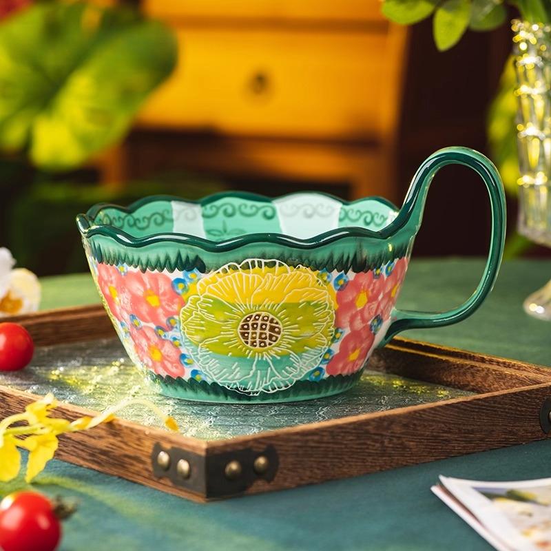 

Керамическая суповая миска 1000 мл в форме волны с ручкой-петлей, кружка из польской керамики зеленого и розового цвета, отлично подходит для завтрака, салата, фруктов, йогурта, перекуса, чипсов, 1 шт. зелёный