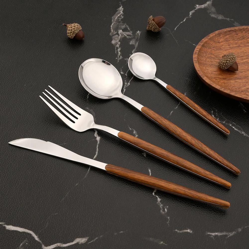 11Pcs Stainless Steel Imitation Wooden Handle Cutlery Set Dinnerware Clamp Western Tableware Knife Fork Tea Spoon Flatware Set