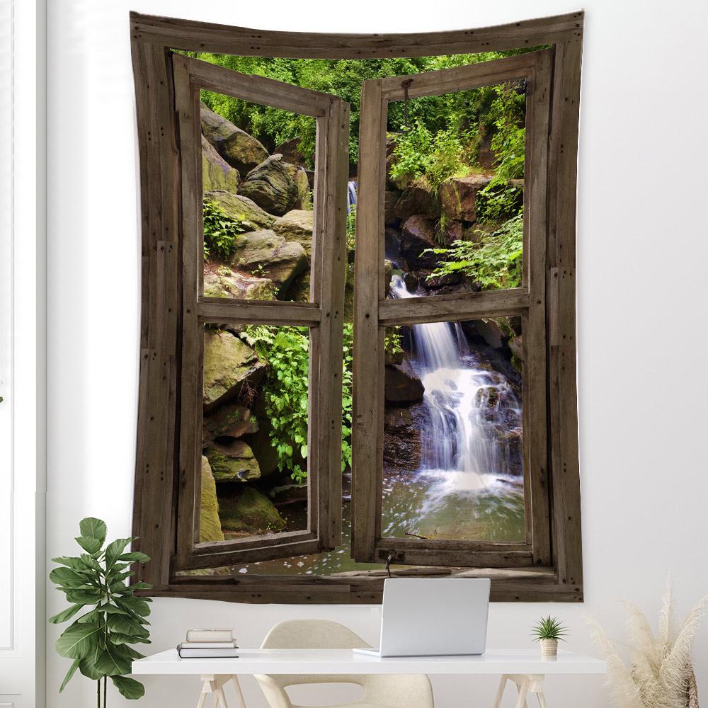 Fereastră tridimensională, peisaj naturii, agățat pe perete, tapiserie, decorare artistică, perdea suspendată pentru dormitor, sufragerie, decorare
