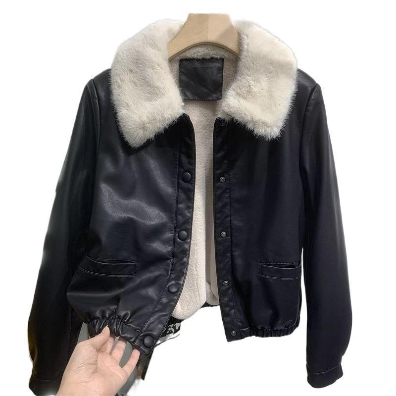 New fleece thickened short leather jacket fashion autumn and winter coat small fur collar leather jacket
