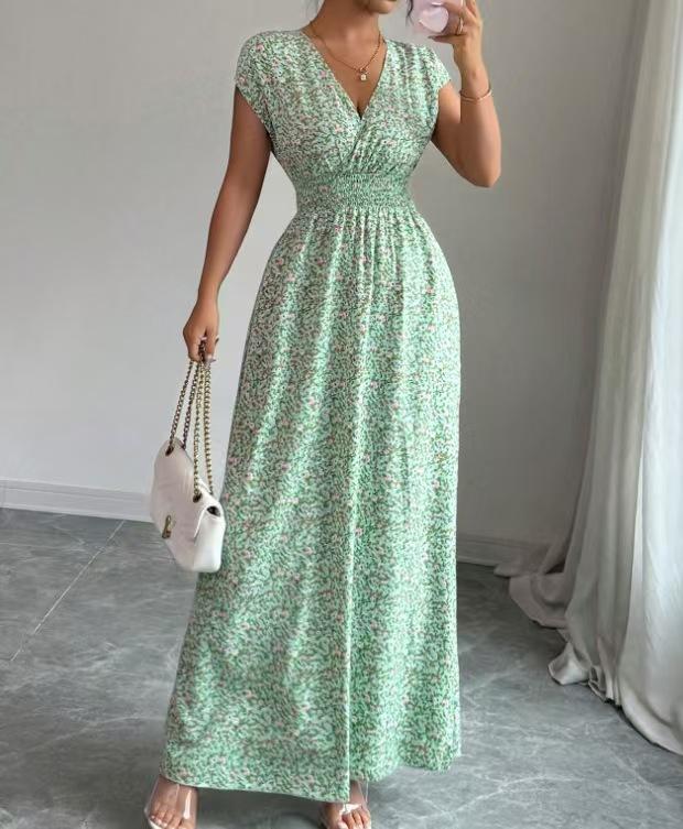 Short-sleeved dress, new printed V-neck long dress, European and American summer waist women's clothing