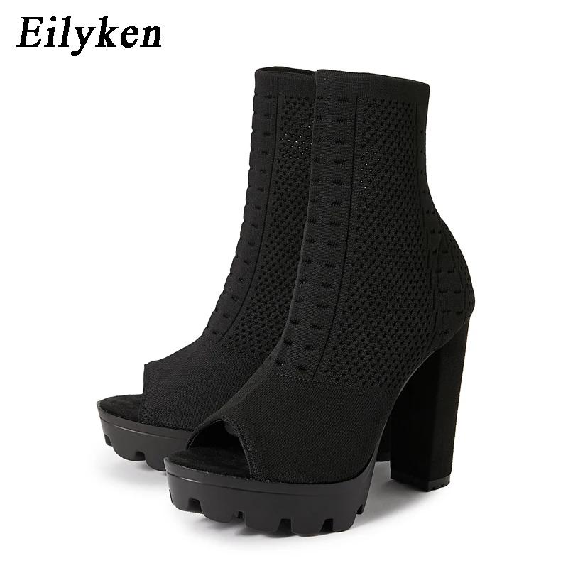 Fashion Eilyken Size 35-42 Breathable Round Hole Knitting Stretch Fabric Ankle Boots Sandals Fashion Peep Toe Thick Bottom Ladies Shoes