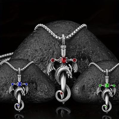 Collana Gemma Spada del Drago: Multicolore, Catena in Acciaio Inossidabile, Gioielli Punk Gotici Vintage da Uomo