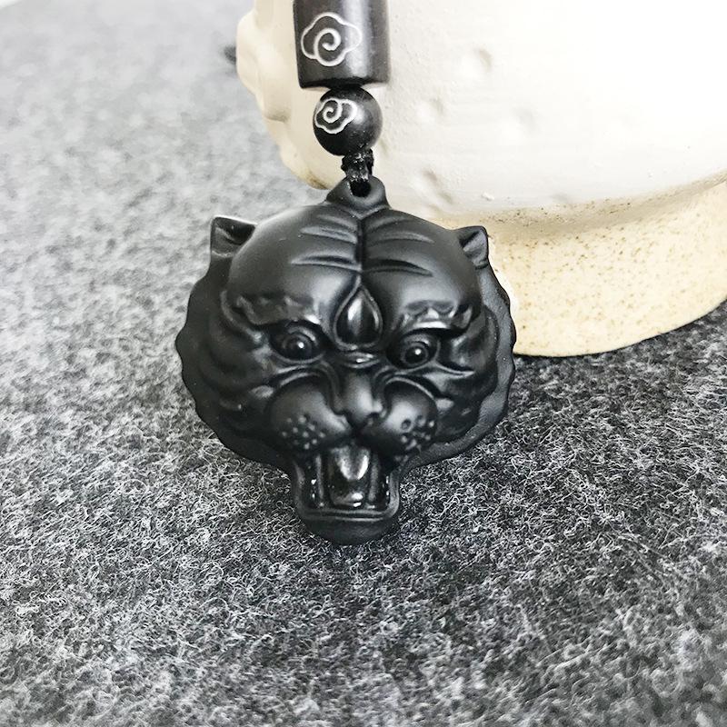 Unisex Frosted Natural Obsidian Tiger Head Zodiac Pendant Necklace 0642