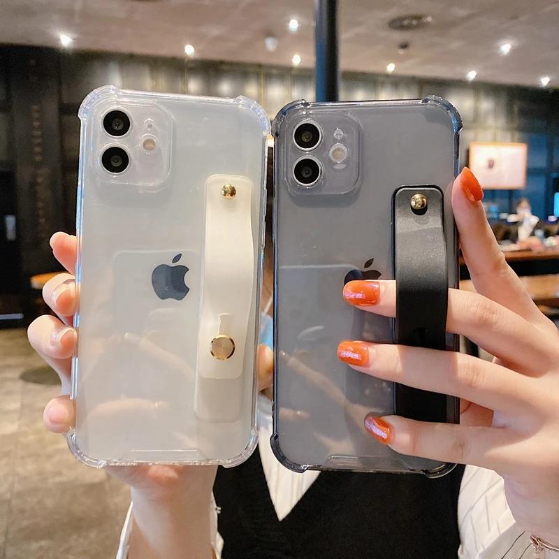 Soft Wrist Strap Phone Case For iPhone 11 12 13 14 15 16 17 Pro Max X XR Xs Max Plus Kickstand Transparent Bumper  Cover
