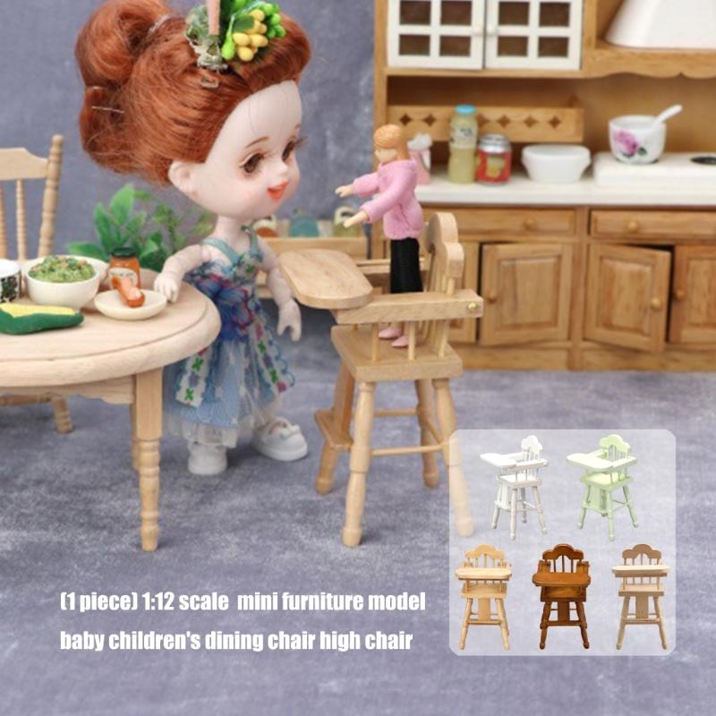 1/12 Scale Wooden Dollhouses Baby High Chair Miniature Realistic Dining Furniture for Kids Role Play