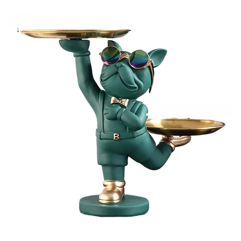 Pryskyřičná socha psa do pokoje,Socha Butlera se 2 zásobníky na uskladnění,Domácí dekorace figurky francouzského buldoka,Ozdoby na stůl