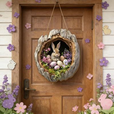 Easter Bunny Sign for Front Door Wooden Farmhouse Indoor Fireplace Window Hanging Wreaths Welcome Banner Decoration for Home Garden Fence