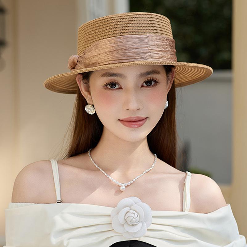 Elegant silk ribbon flat top hat women's summer sun protection straw hat sun badge flat edge basin hat seaside beach hat