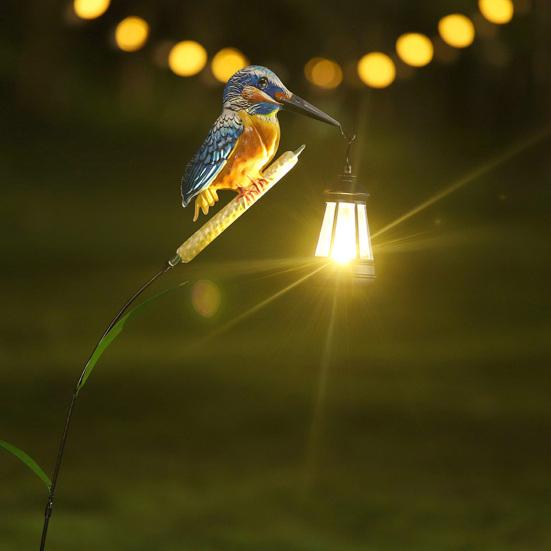 Garden Bird Solar Light, Outdoor Hummingbird Kingfisher Solar Lantern with Stake, Automatic On/Off Solar Pathway Light for Yard Lawn Patio