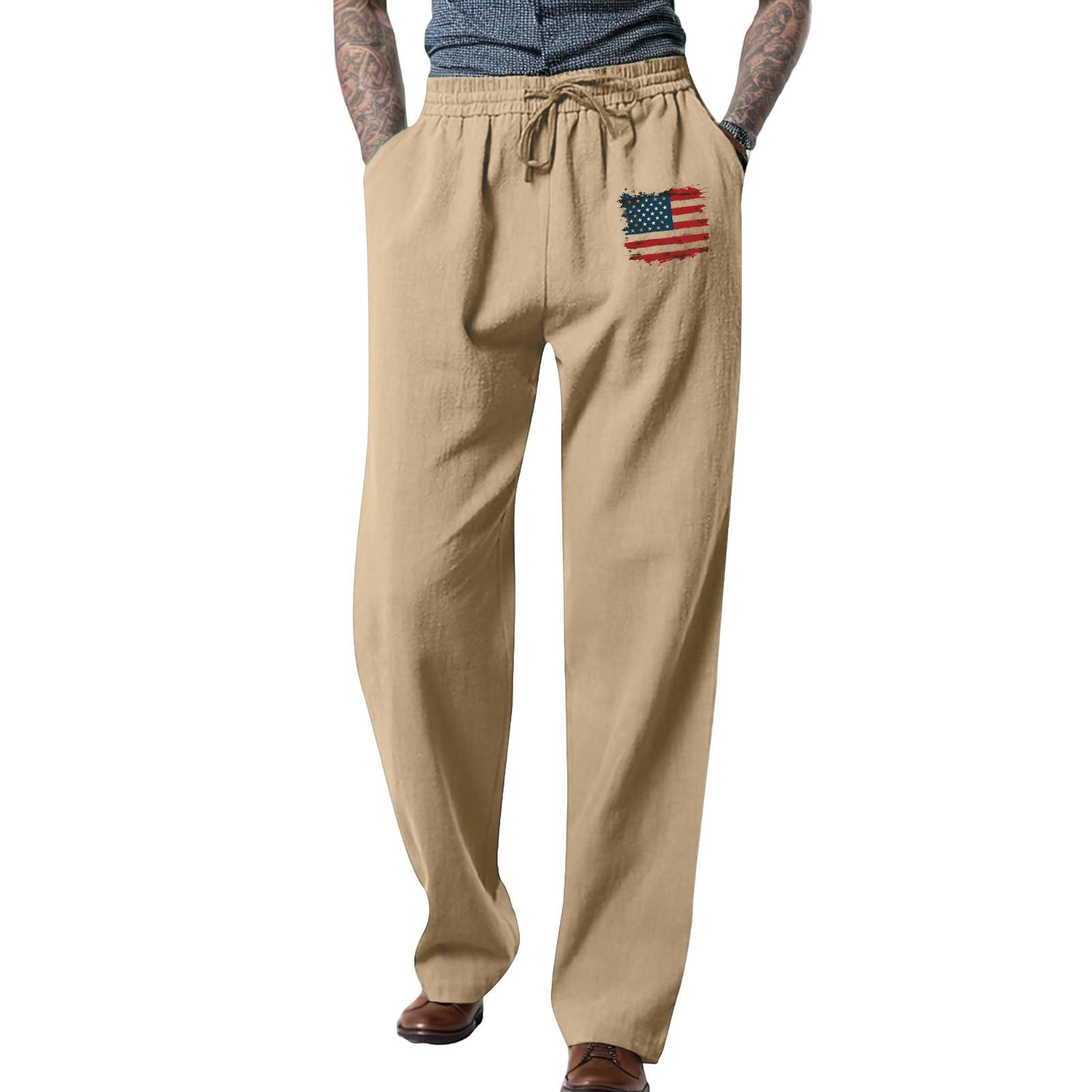 

Мужские свободные повседневные однотонные хлопковые льняные брюки с эластичным галстуком и принтом, прямые брюки L бежевый