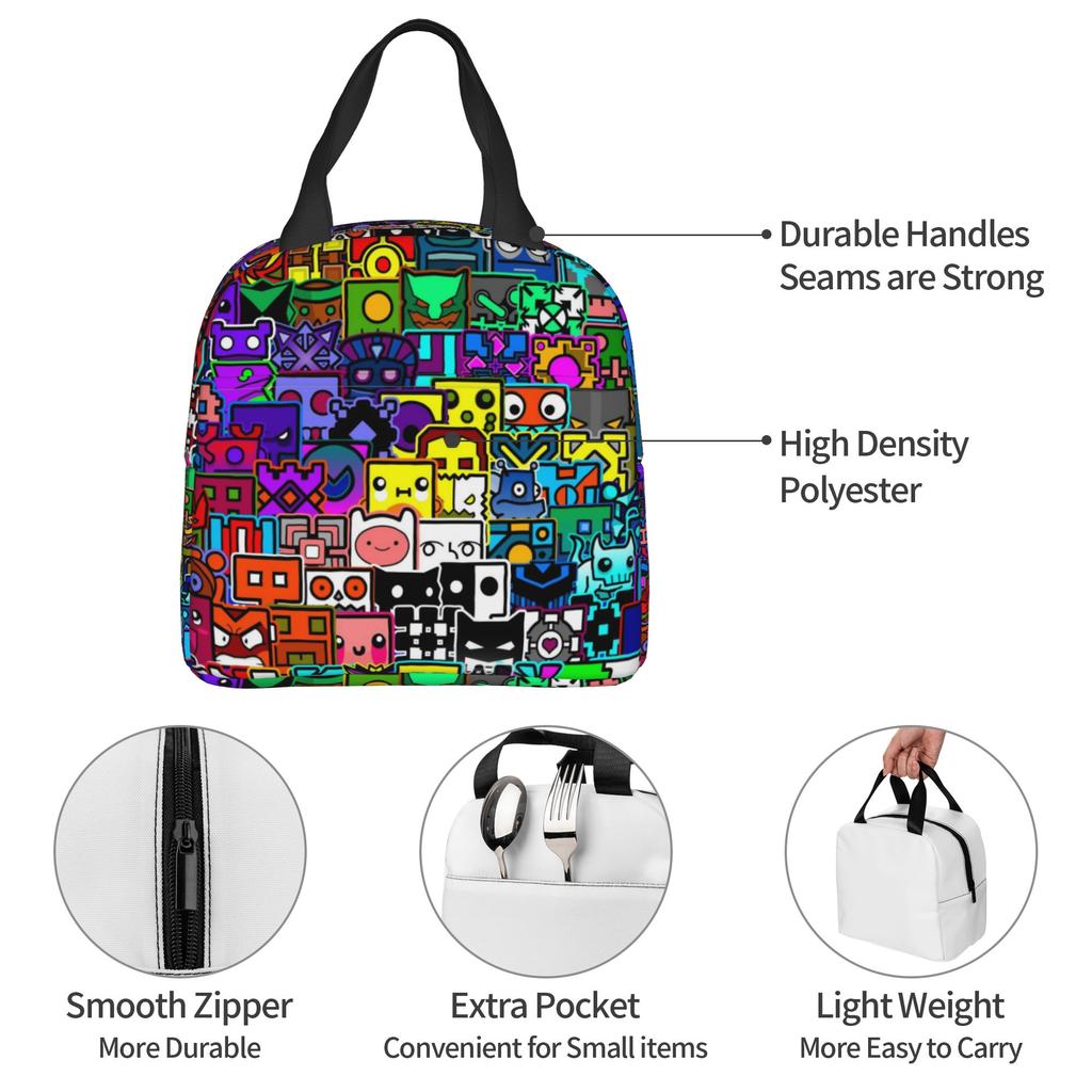 Cartoon Geometry D-Dashs Video Game Insulated Lunch Bag for School Office Resuable Cooler Thermal Bento Box Women Men