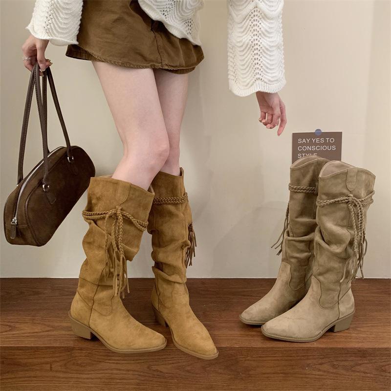 

Miting retro woven fringed thick heel tall boots 2025 autumn and winter thin pointed western cowboy boots stacking boots 40 коричневый