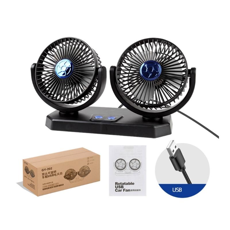 12V/24V Car Cooling Fan Dual Head 360° Rotation Vehicle Mounted USB Fan Auto Cooler Fan for Dashboard Air Circulator Fan