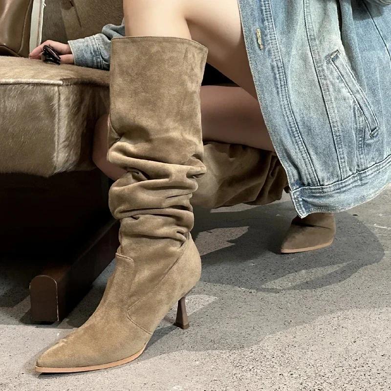 Mode Damen Stiefeletten Street Style Spitzschuh Kniehohe Stiefel Sexy Plissee Dünne Absätze Stripper Prom Herbst Winter Schuh Botas Altas