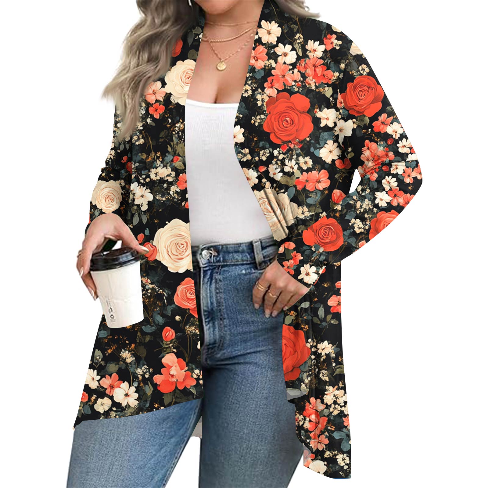 

Женский осенне-зимний модный повседневный кардиган средней длины с принтом и длинным рукавом XXL красный