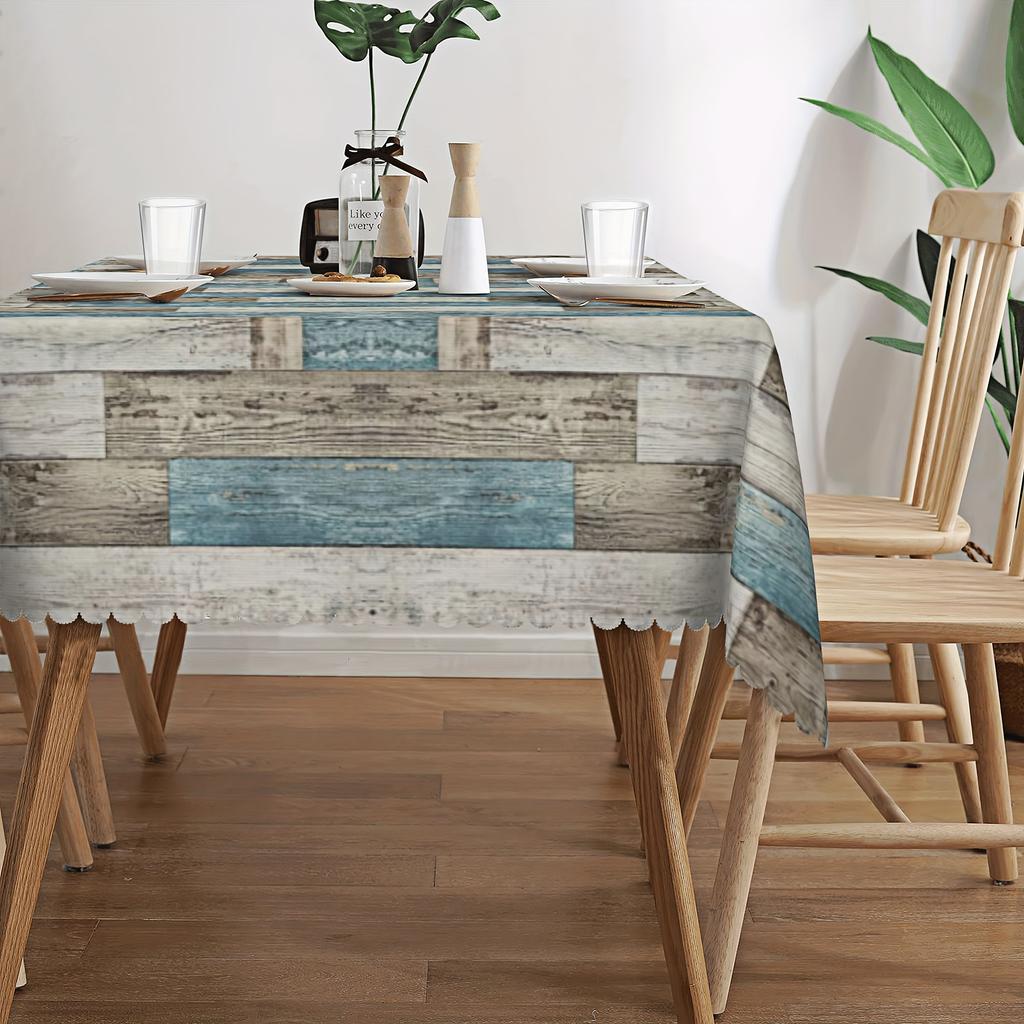 Vintage Wooden Plank Print Tablecloth - Rustic Blue & White Checkered Design, Polyester Fabric, Perfect For Home Kitchen Decor