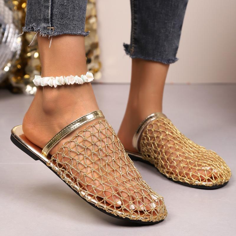 Fashion Summer Baotou Half-drag Women's Round Toe Deep Mouth Comfortable Fashion Versatile Hollow Mesh Beach Flat Shoes