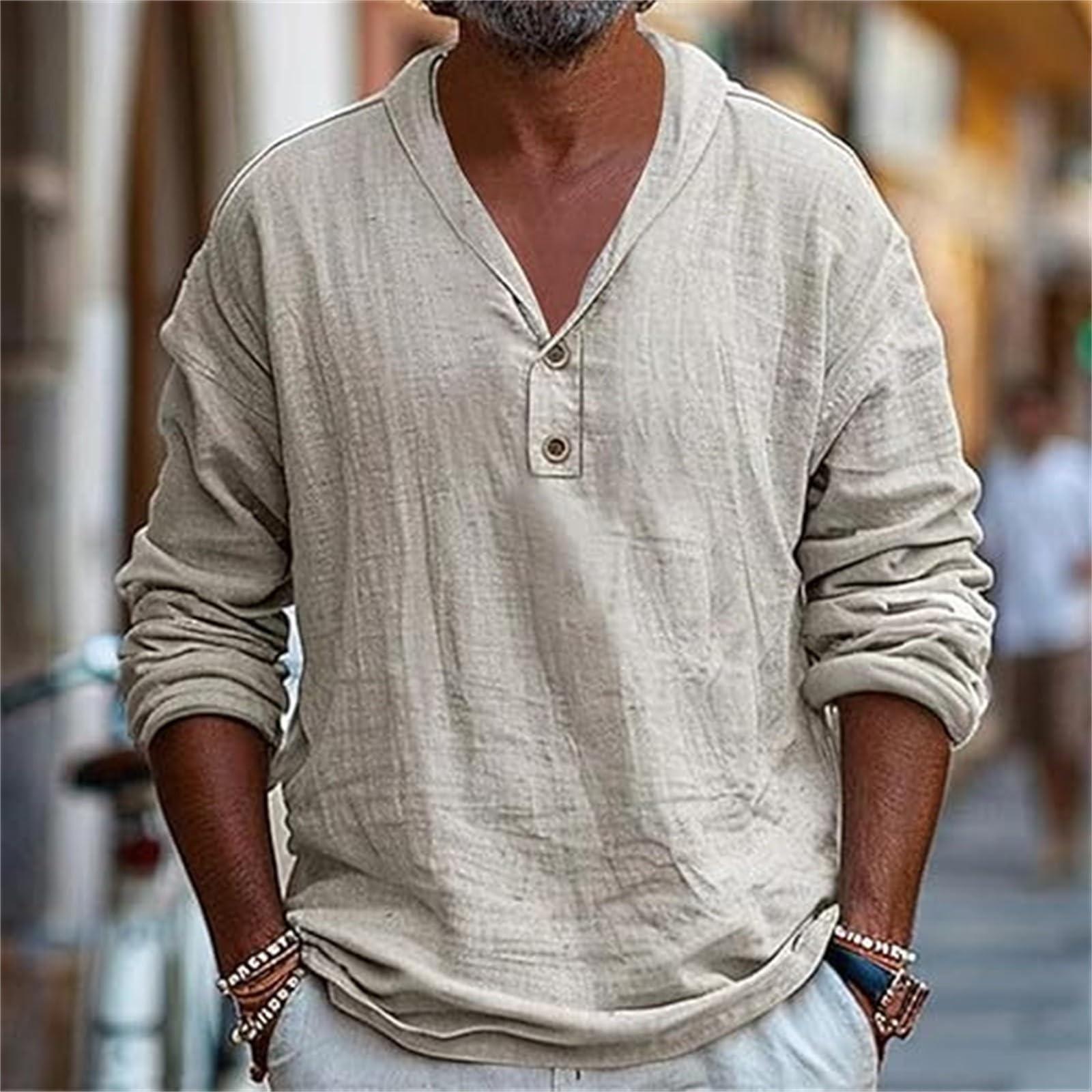 

Мужские рубашки из хлопка и льна с длинным рукавом, повседневные, с застежкой на 1/4 пуговицы, свободного кроя, тянущиеся XXXL бежевый