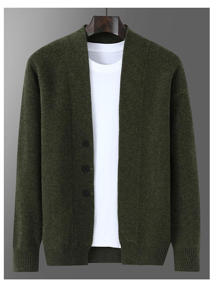 Gruby wełniany kardigan męski - Jednolity kolor, Duży rozmiar, Sweter dzianinowy casual