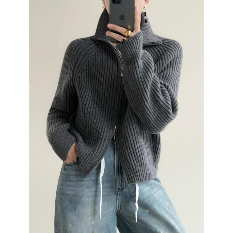 Lapel Double Zipper Sweater Jacket for Women's Autumn and Winter New Gentle Wind Soft Waxy Stand-up Neck Knitted Cardigan Top for Women