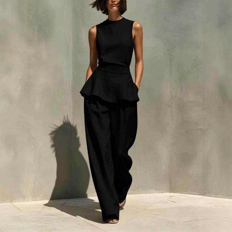European and American new women's sleeveless vest vest ruffle edge wide-leg pants cotton and linen two-piece women's clothing