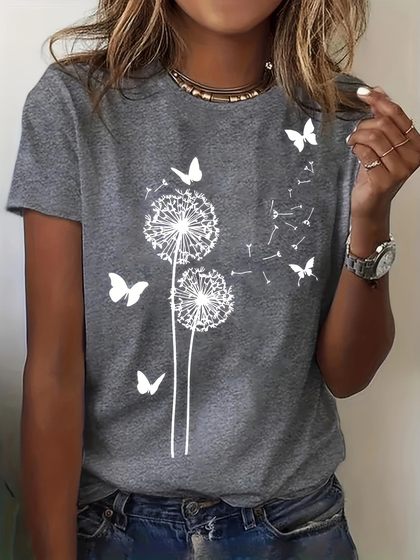 Relaxed Chic Women s Casual Dandelion and Butterfly Print T-Shirt Perfect for Summer Dandelion Pattern Fashionable for Women XS