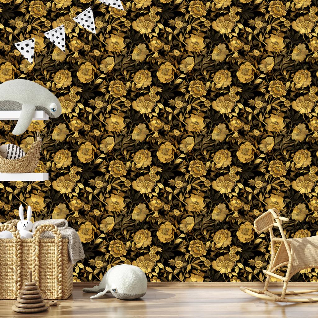 Golden Hibiscus Wallpaper Ochre and Gold, Subtle Detail 50x1000