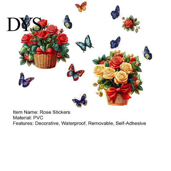 Easy to Apply Floral Decal Set Rose Flowers Wall Stickers with Butterflies, PVC Waterproof Decals, Removable Creative Soft Decoration Gifts