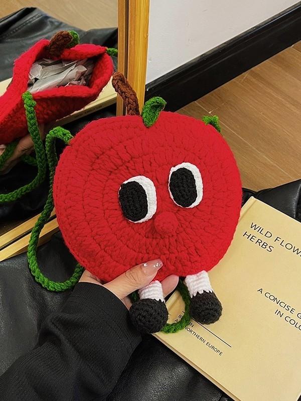 Apple Knitted Mini Crossbody Bag With Drawstring Closure For Kids And Teens