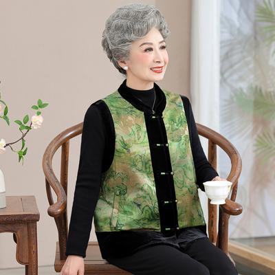 Chinese Style Mother Autumn Vest Chinese Style Retro Jacquard Plate Button Horse Clip Temperament Middle-aged and Elderly Women's Sleeveless Jacket